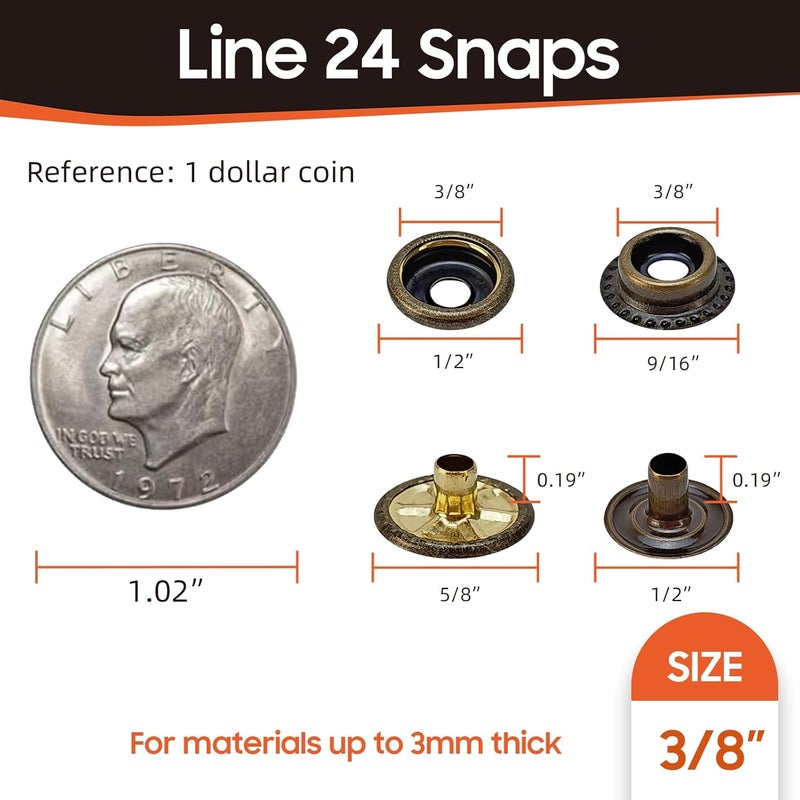 HAPDEN 160 pcs snap Buttons,snap Fasteners kit 15mm Stainless Steel Snaps Marine Grade Boat Canvas Snaps,3/8" Socket Metal Snaps for Clothing Leather Boat Cover Fabric (Bronze) - Image 3